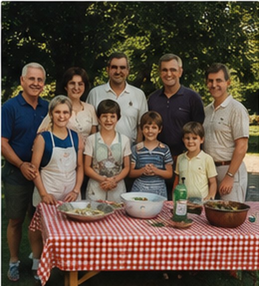 The whole family together at a backyard cookout, 1983