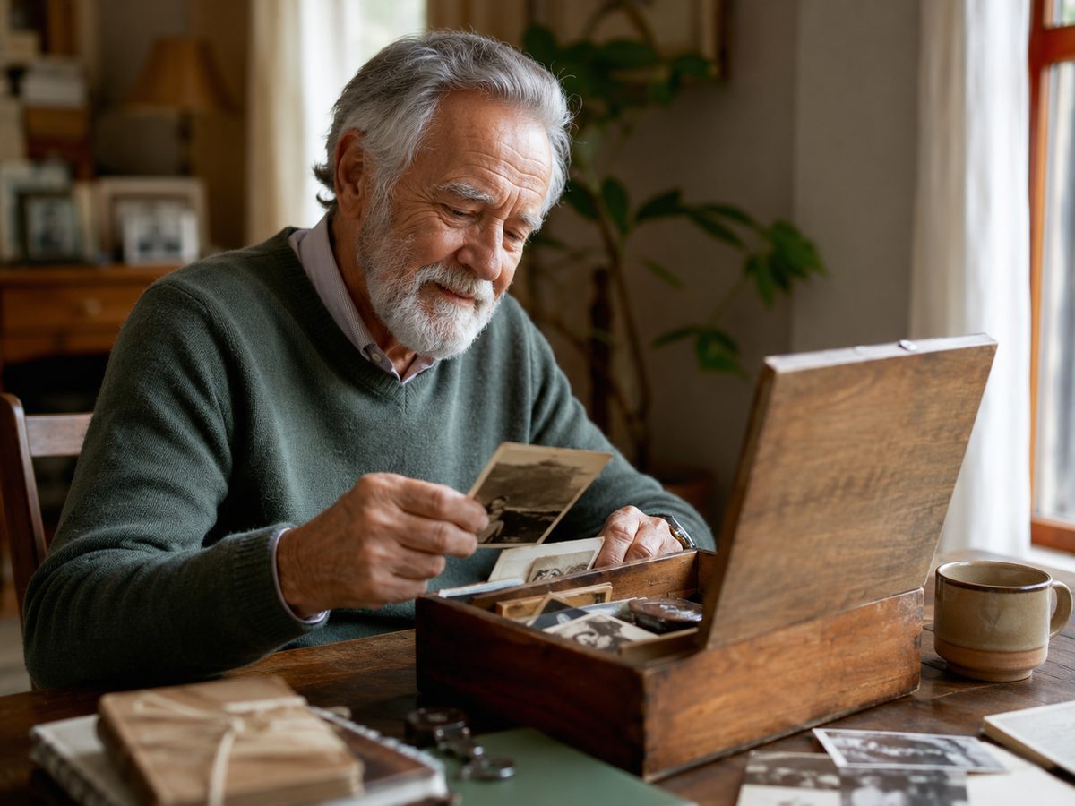 A box of loose family photographs and papers