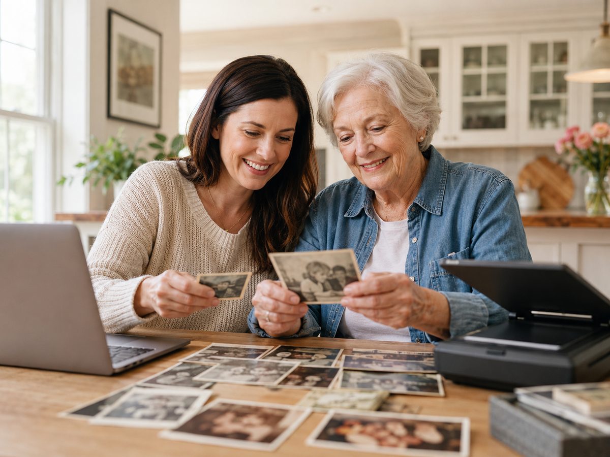 A mother and daughter sorting old photographs at a table