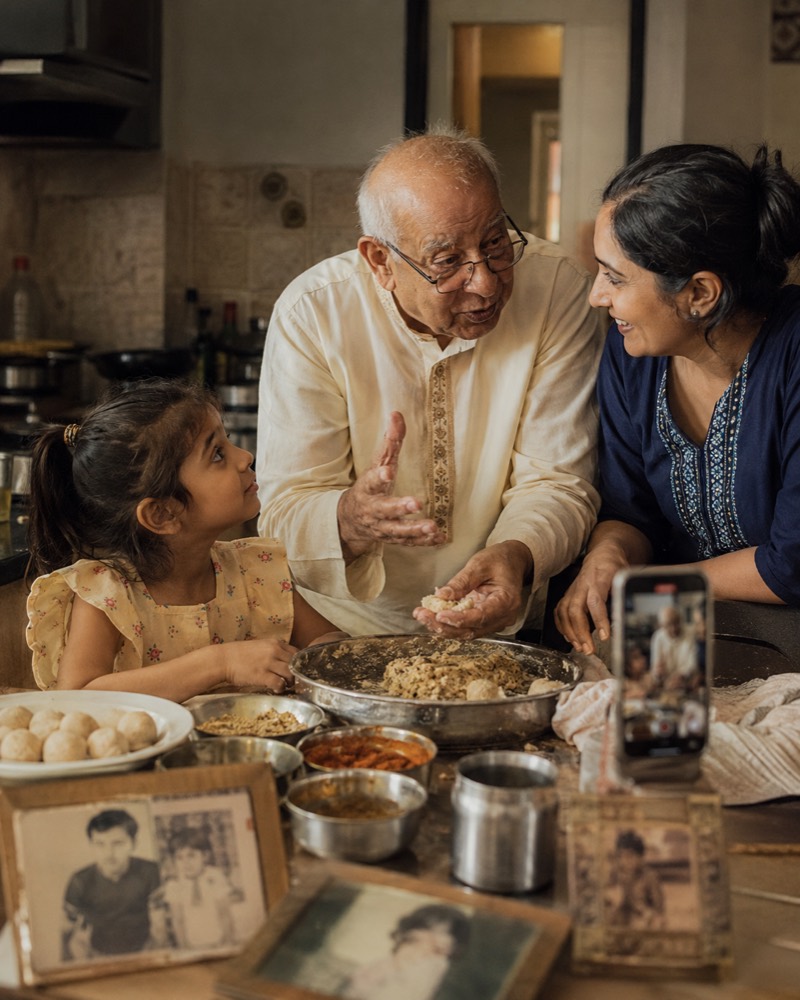 A grandfather shaping food by hand in his kitchen, explaining it to his granddaughter while a phone records