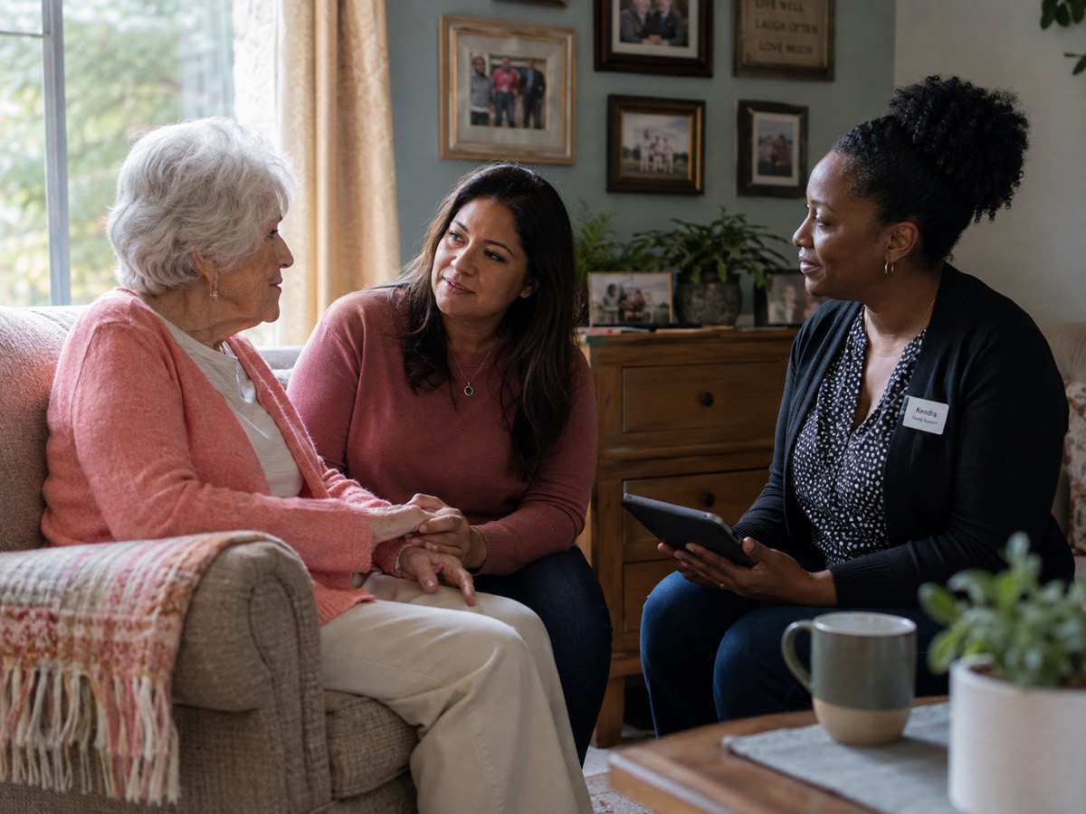 An older resident telling a story to a member of staff in a bright sitting room, a phone recording on the table between them