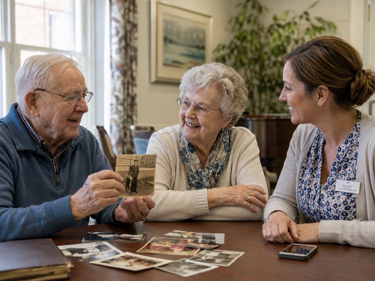 Hands laying out old family photographs on a table