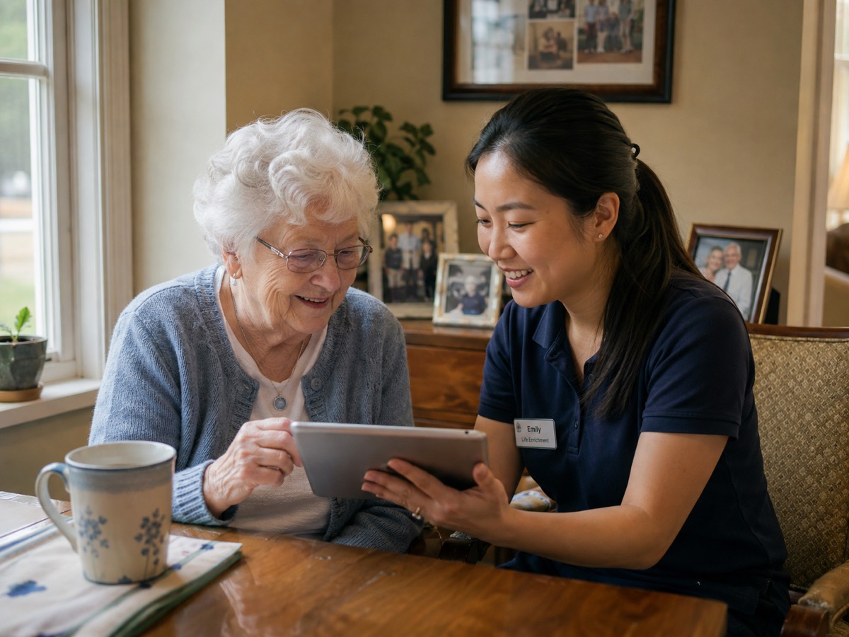 A member of staff holding a tablet showing a single large question, sitting beside a resident