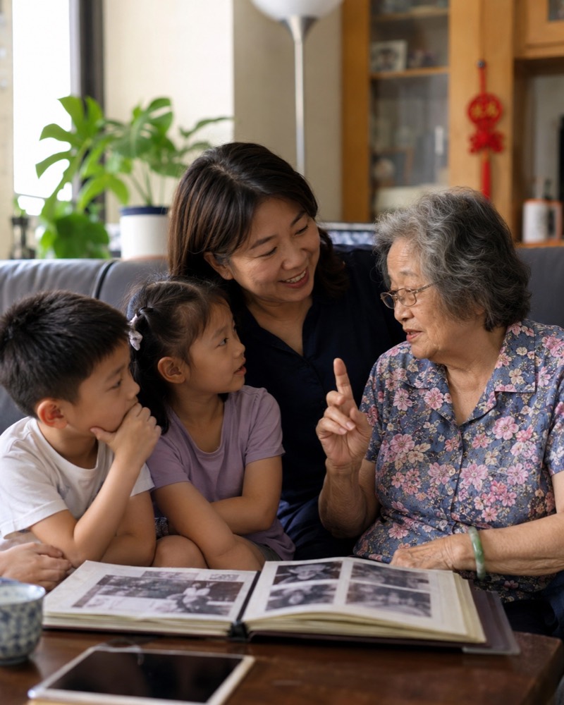 A grandmother telling a story over an open photo album while two grandchildren listen
